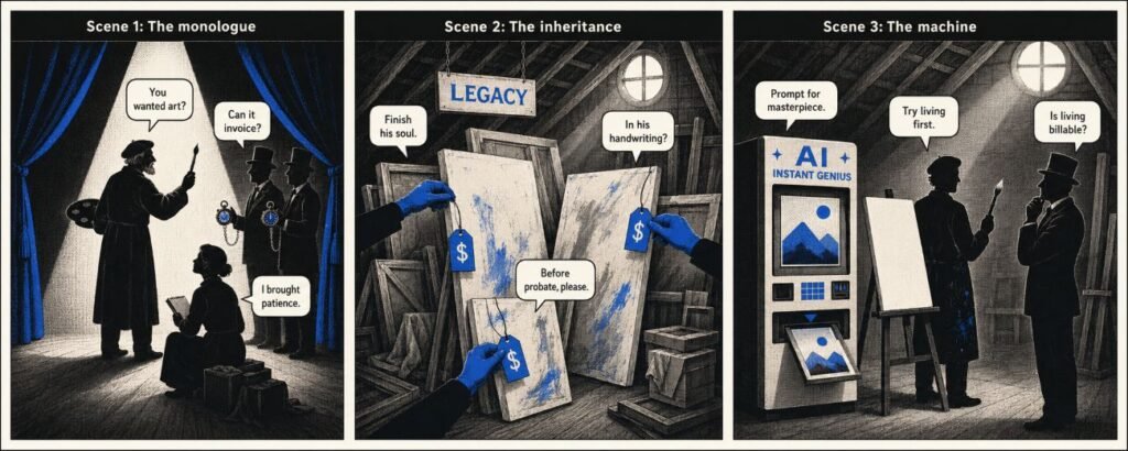 A three-panel comic shows a painter giving a monologue, heirs pricing unfinished canvases, and an AI machine offering instant genius.