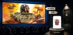 A cinema auditorium shows a large glowing screen, a small doll-like figure on a display stand, and signs pointing to "Big Screen" and "Story". A locked door stands to one side of the cinema.