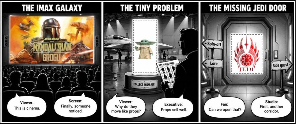 A 3-panel comic shows a viewer watching a huge sceen film, small stiff character near a ship, and a closed door marked with a Jedi symbol.