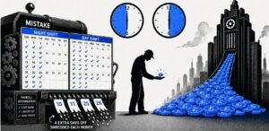 A worker stands beside 2 clocks showing 12 hours while a payroll machine removes calendar pages. A small coin is falling into the worker's hand.