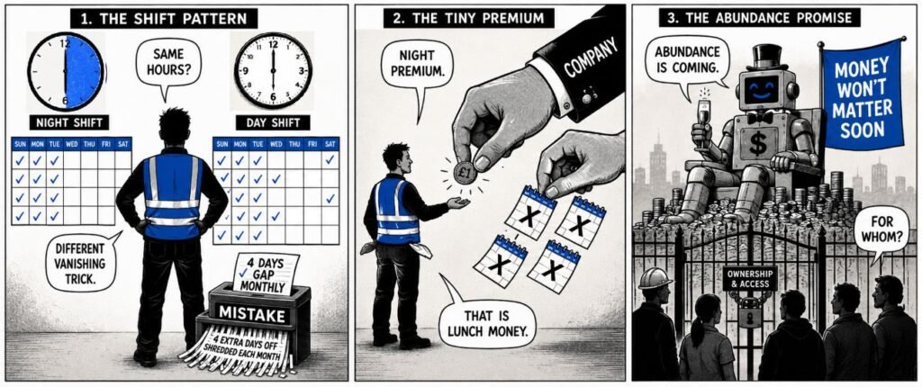 A 3-panel comic shows a worker losing rest days to payroll, receiving a small coin as night premium, and watching a robot promise abundance from behind a locked gate.