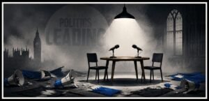 A clean table with two microphones sits in a smoky political room with broken megaphones and torn campaign banners on the floor.