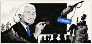 A group of small human silhouettes stands beneath a large blackboard with a small equation. Scientists carry lamps while a wealthy figure sits on stacked coins near a podcast microphone.