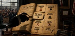 An open constitution is shown as a book of coupons on a desk. A shadowed hand cuts out one coupon while people wait outside a government building.