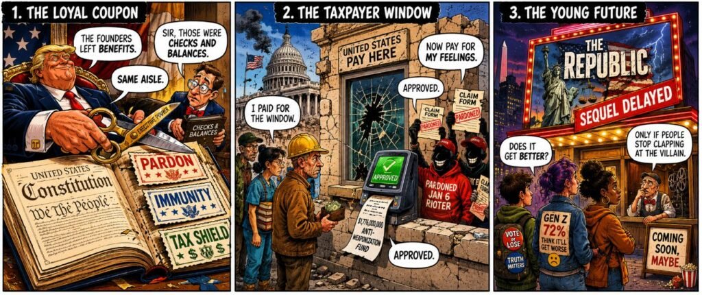 A 3-panel comic shows a constitution used as coupons, a taxpayer payment window at the Capitol, and young voters outside a cinema poster for the republic.