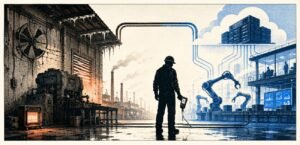 A worker stands between an old factory area and a glowing AI cloud owned by a large corporate tower. The worker holds a broken fan and a scanner.