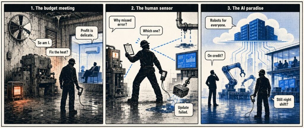 A three-panel comic shows a worker asking for safer conditions, covering for broken systems, and hearing promises about AI replacing work.