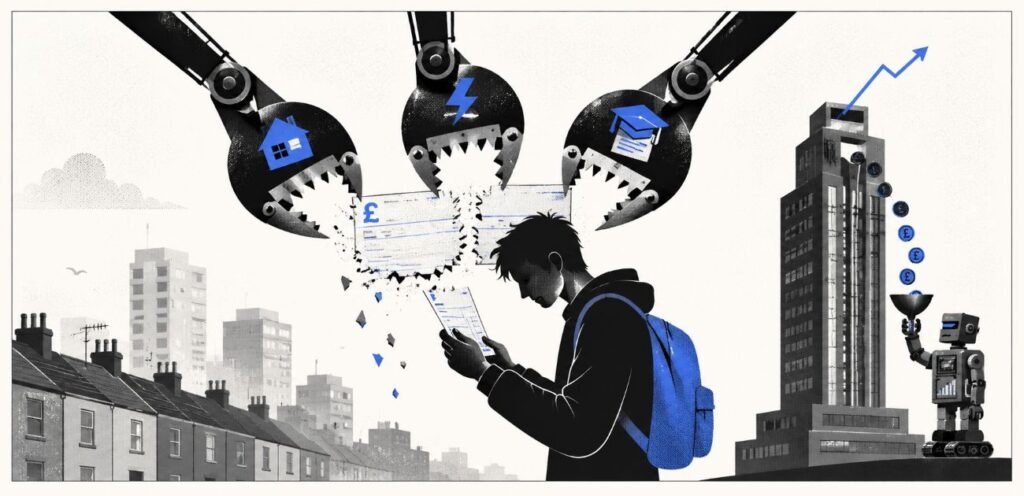 A young worker holds a damaged payslip while mechanical jaws bite into it. A robot and a large office tower appear in the background.