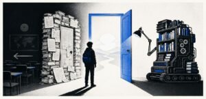 A student silhouette stands between a door made of papers and books and a door filled with light. A large machine shaped like a library holds a lamp beside the lit door.
