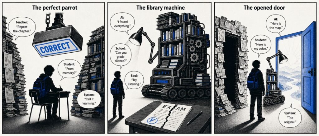 A three-panel comic shows a student repeating lessons, an AI machine holding books, and a student choosing a lit door. The panels include a classroom, a library machine and a symbolic choice between copied notes and inner voice.
