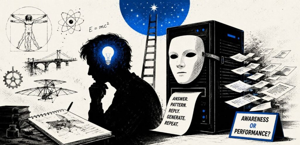 A silhouetted person sits beside sketches and symbols of invention while a faceless machine prints pages beside a sign about awareness and performance.