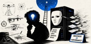 A silhouetted person sits beside sketches and symbols of invention while a faceless machine prints pages beside a sign about awareness and performance.