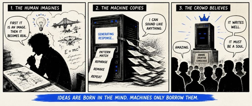 A three-panel comic shows a human imagining ideas, a machine copying patterns, and a crowd treating the machine as conscious.