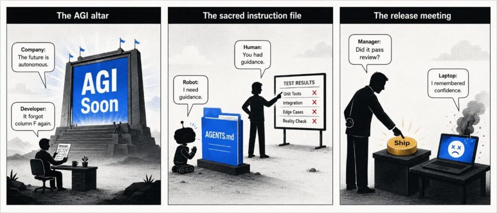 A three-panel comic shows a company promising AGI, a coding robot reading an AGENTS.md file, and a release meeting with a smoking laptop.