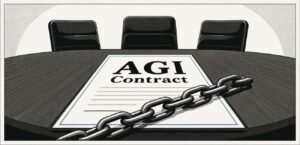 A contract titled "AGI Contract" lies on a boardroom table. A heavy chain crosses the paper, with empty chairs in the background.