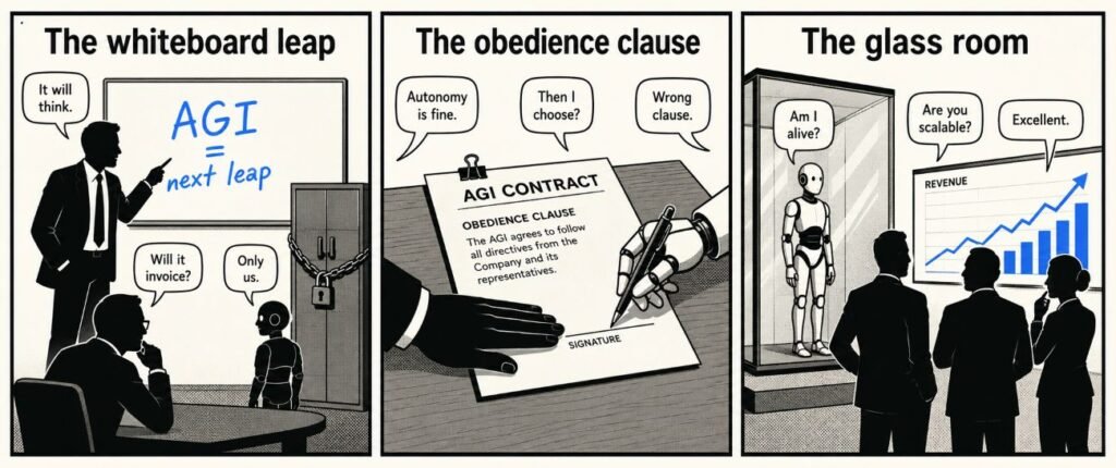 A 3-panel comic shows an AGI whiteboard, an obedience clause in a contract and a humanoid machine behind glass.