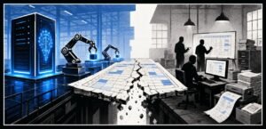 A factory scene showing robot arms and an AI server on one side, and workers using a whiteboard, paper and spreadsheets on the other side. A cracked spreadsheet sits in the centre.