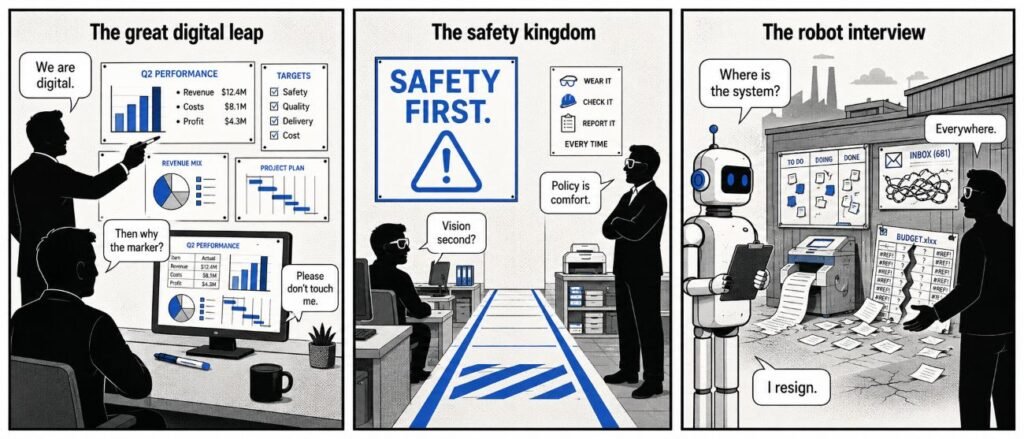 A 3-panel comic showing a manager praising whiteboards as digital, workers wearing safety glasses at computers, and a robot confused by old factory systems.