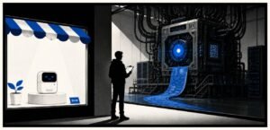 A small chatbot is shown in a public display window while a larger hidden machine works behind a wall. A human coder stands between them with a clipboard.