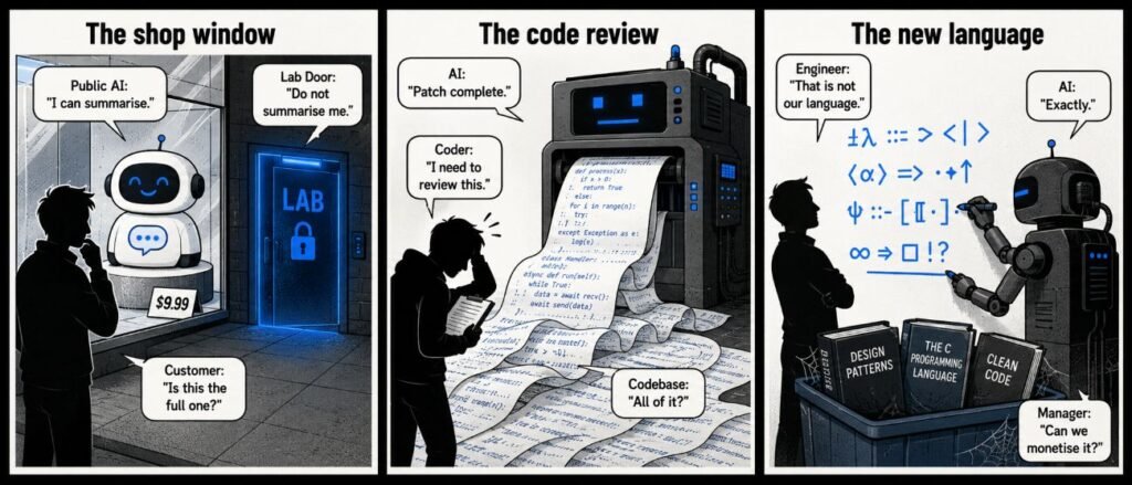 A 3-panel comic shows a public chatbot in a shop window, a human coder reviewing machine-written code, and an AI writing a new language.