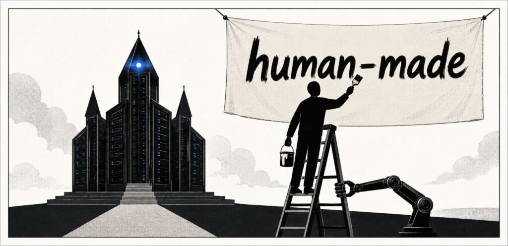 A person paints a human-made banner while a mechanical arm supports the ladder. A server tower shaped like a chapel stands in the background.