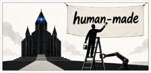A person paints a human-made banner while a mechanical arm supports the ladder. A server tower shaped like a chapel stands in the background.