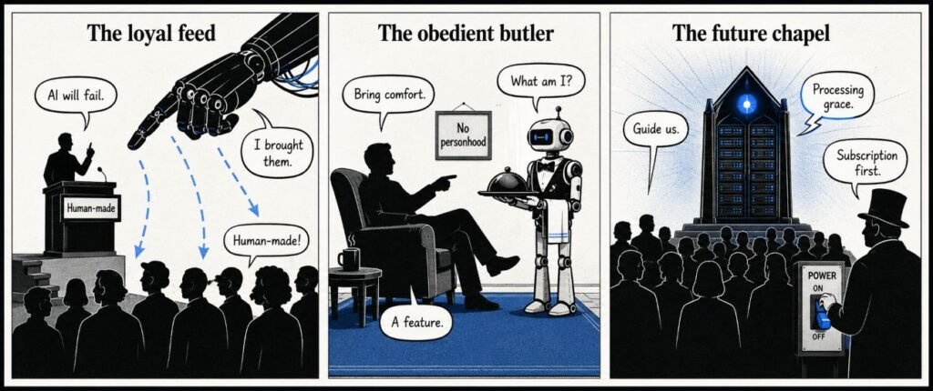 Three-panel comic showing an anti-AI video brought by an algorithm, a robot butler denied personhood, and a crowd before a server chapel.