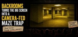 A cinema auditorium with a large screen showing a Backrooms-style yellow maze framed like a camera feed, suggesting recovered footage and found-footage horror.