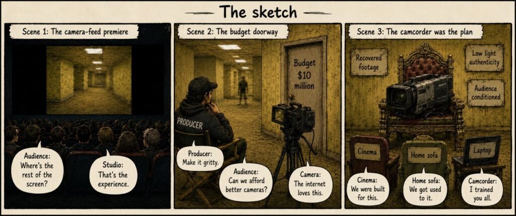 A three-panel comic shows a cinema screen with small camcorder-style footage, a producer filming a blurry Backrooms corridor, and an old camcorder on a throne facing cinema seats.