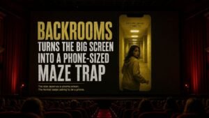 A dark cinema auditorium with a large screen showing a narrow Backrooms poster, emphasising the contrast between the wide cinema screen and the phone-like image format.