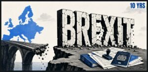 A cracked stone word "BREXIT" stands on a broken cliff beside a severed bridge leading towards a blue map of Europe. Papers, folders, a stamp and a passport sit near the base.