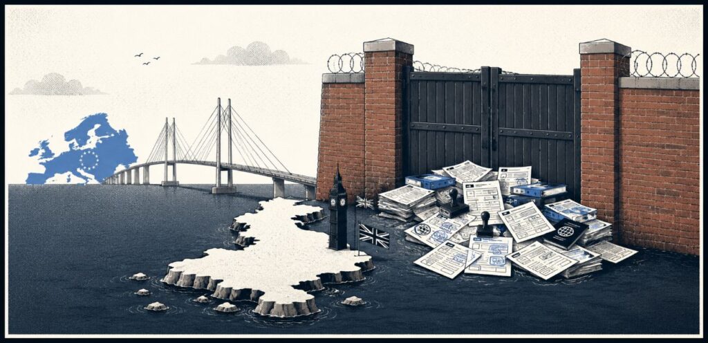 A small island stands beside a brick customs wall with paperwork piled at a closed gate. A bridge to Europe is visible in the background.