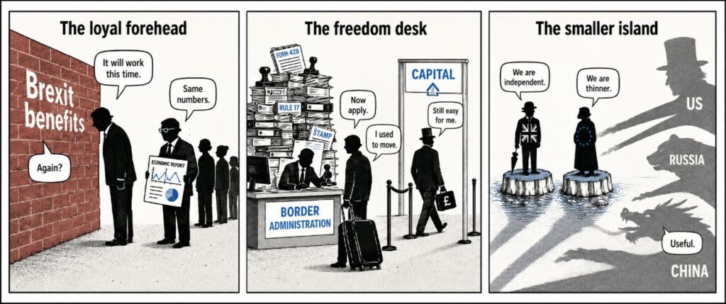 A 3-panel comic shows a politician facing a wall, a worker stopped at a border desk, and the UK and EU standing apart under larger geopolitical shadows.