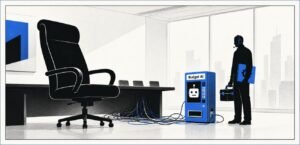 A boardroom scene shows a large empty executive chair facing a small AI vending machine. A human worker stands beside tangled cables holding work tools and documents.