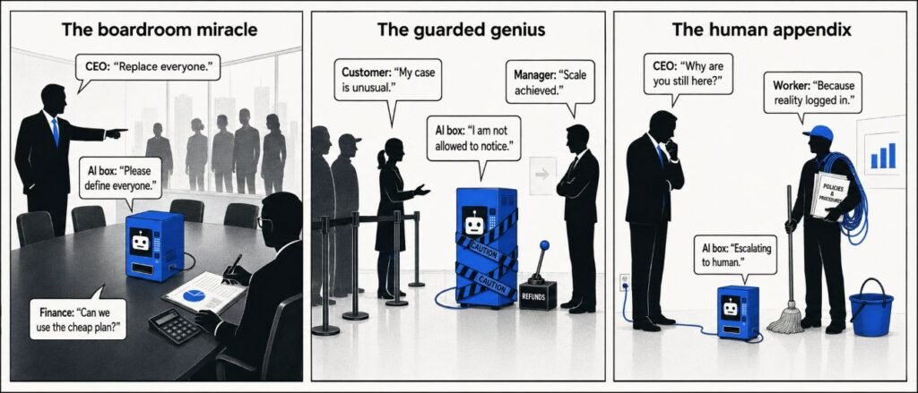 A 3-panel comic shows a CEO asking a small AI system to replace workers, then the AI failing on unusual customer cases, then escalating work to a human. The panels use simple boardroom and support-desk scenes.