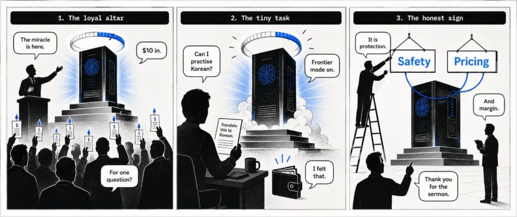 A 3-panel comic shows an AI model on an altar, a user asking for a simple translation, and an executive standing under safety and pricing signs.