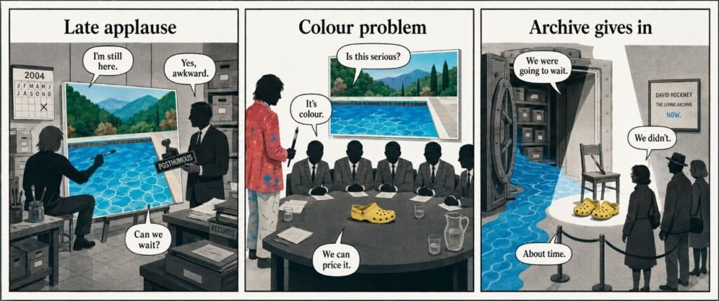 A 3-panel comic shows an artist painting, a committee judging colour, and an archive accepting a bright chair and yellow shoes.