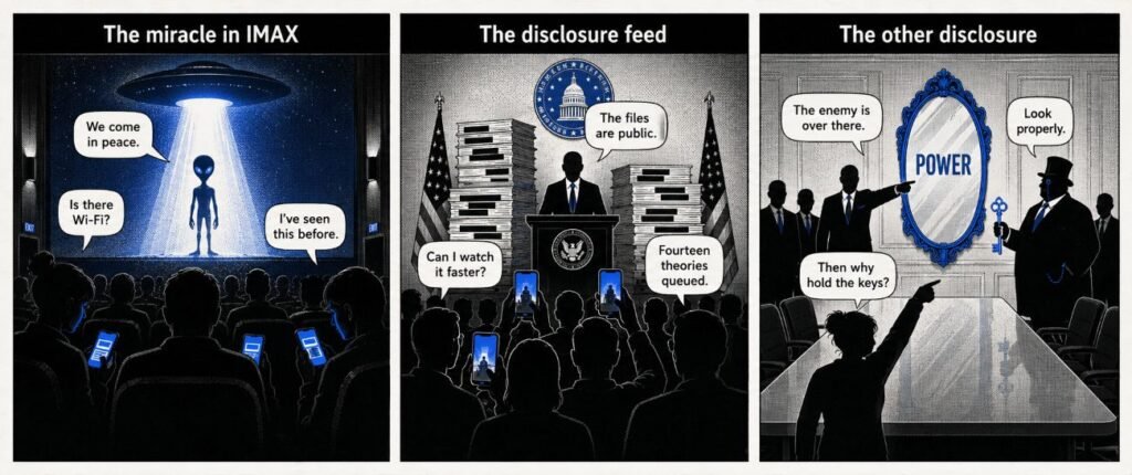 A 3-panel comic shows an alien reveal in a cinema, a government file release, and a boardroom mirror scene about power.