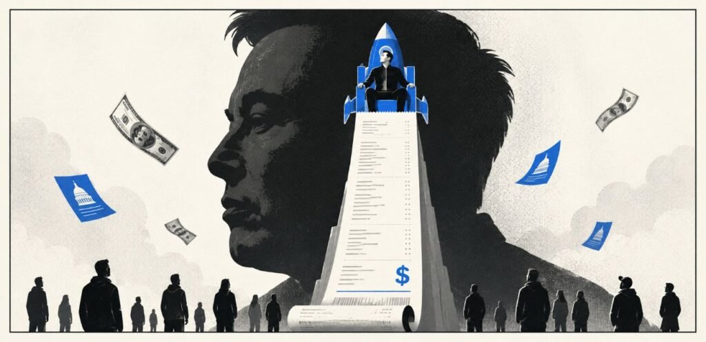 A large receipt tower stands above a crowd of small silhouettes. A rocket-shaped throne sits at the top with dollar bills and political leaflets falling nearby.