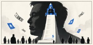 A large receipt tower stands above a crowd of small silhouettes. A rocket-shaped throne sits at the top with dollar bills and political leaflets falling nearby.