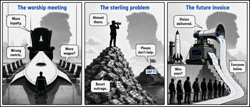 A three-panel comic shows a boardroom with a giant founder chair, a billionaire looking at a GBP 1 trillion hill, and a machine printing a long receipt over ordinary people.