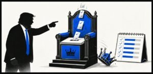 A symbolic ballot box shaped like a throne is shown with a crown moving away from it. Ballots are falling into the box while a calendar stands nearby.