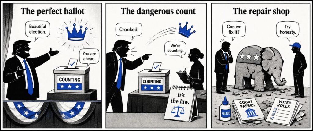 A three-panel comic shows a politician praising a ballot box, then calling it crooked when the count changes, then a cracked party symbol being repaired.