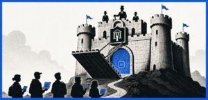 A large castle labelled as an AI system has a raised drawbridge. Users with laptops stand outside while guards and wealthy figures control access from above.