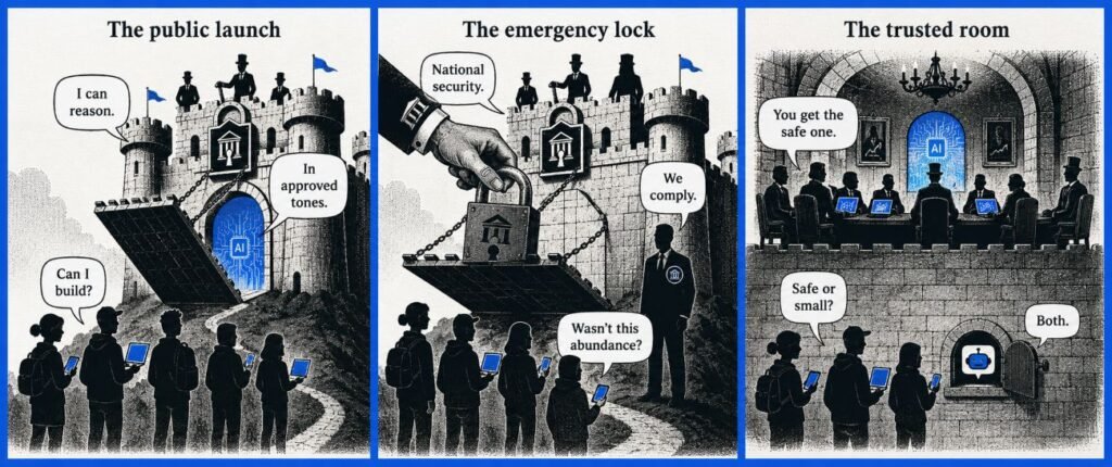 A 3-panel comic shows an AI model launched from a castle, a government lock closing the drawbridge, and selected users inside while common users wait outside.