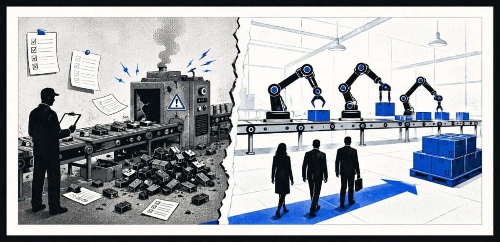 A split factory scene shows an operator with a clipboard beside waste on one side and robot arms packing finished products on the other. Client silhouettes walk towards the automated side.