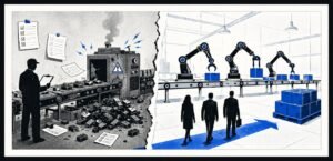 A split factory scene shows an operator with a clipboard beside waste on one side and robot arms packing finished products on the other. Client silhouettes walk towards the automated side.