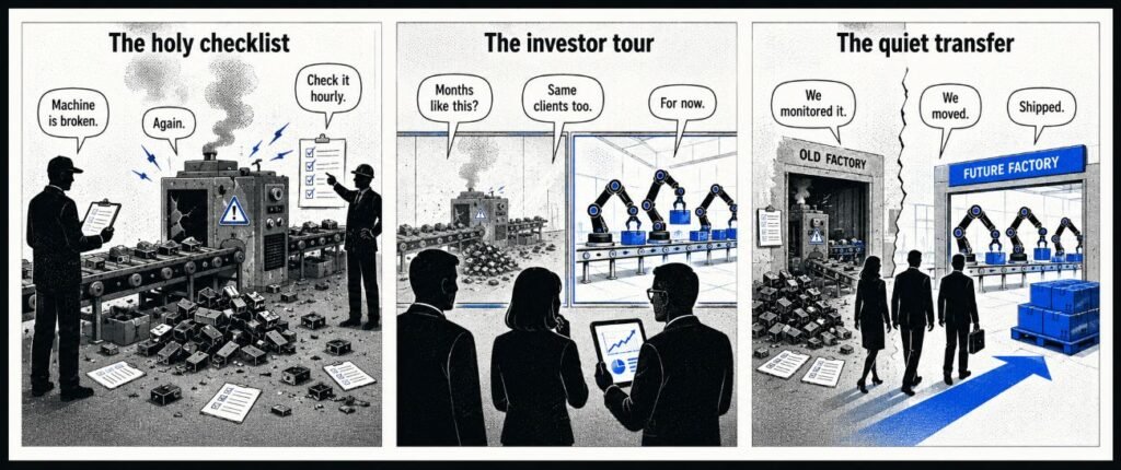 A three-panel comic shows a worker checking a faulty machine, investors studying the waste, and clients moving to an automated factory. The panels show the shift from manual checks to robot-led production.