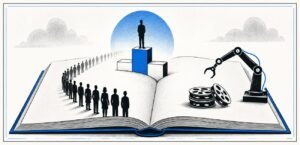 An open history book shows a podium on one page and a long line of blank human silhouettes behind it. A machine arm reaches towards film reels beside the book.