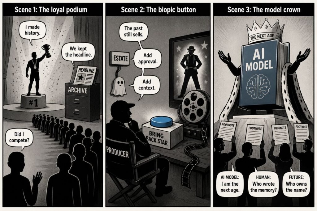 A 3-panel comic shows a winner on a podium, a producer reviving a star through a film reel, and an AI book wearing a crown. Human figures appear as silhouettes around each scene.